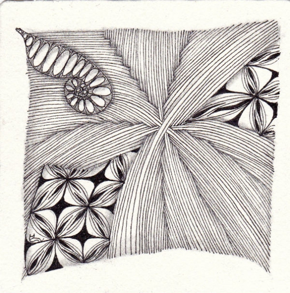 Ein Zentangle aus den Mustern Swirl and Twist, Hurry, Sindoo,  gezeichnet von Ela Rieger, CZT