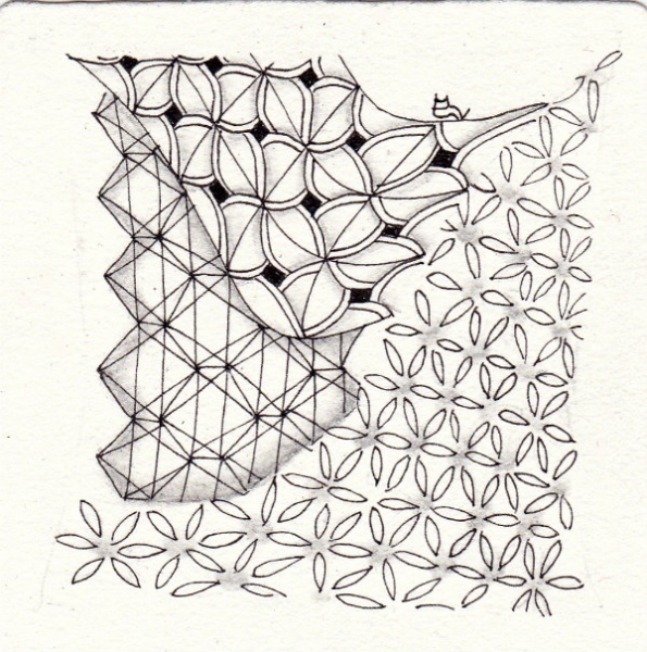 Ein Zentangle aus den Mustern Netzwerk, Fiore, Quandary,  gezeichnet von Ela Rieger, CZT
