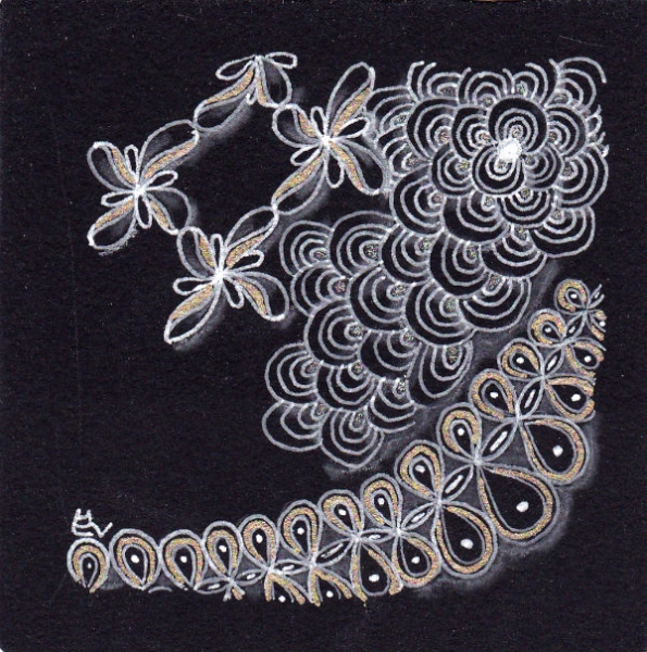 Ein Zentangle aus den Mustern Raisin8s, Twirl, Arc Flower,  gezeichnet von Ela Rieger, CZT