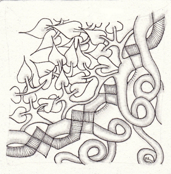 Ein Zentangle aus den Mustern Breeze, Twistee, XYP,  gezeichnet von Ela Rieger, CZT