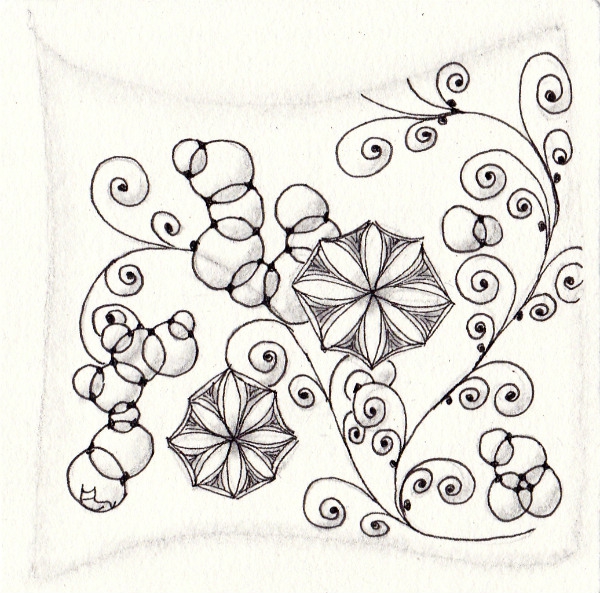 Ein Zentangle aus den Mustern DayZee, Scrollwork, Bublz,  gezeichnet von Ela Rieger, CZT