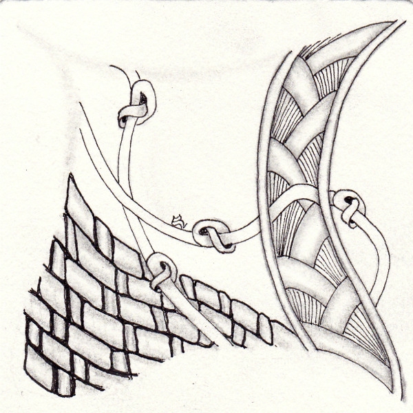 Ein Zentangle aus den Mustern Rattan, Reeds, Knotz,  gezeichnet von Ela Rieger, CZT