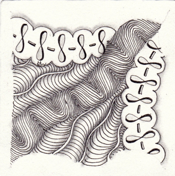 Ein Zentangle aus den Mustern Kassandra, Waves, Wud,  gezeichnet von Ela Rieger, CZT