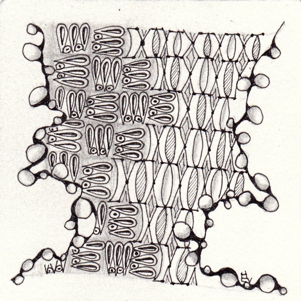 Ein Zentangle aus den Mustern Flood, Geos, Ipso,  gezeichnet von Ela Rieger, CZT