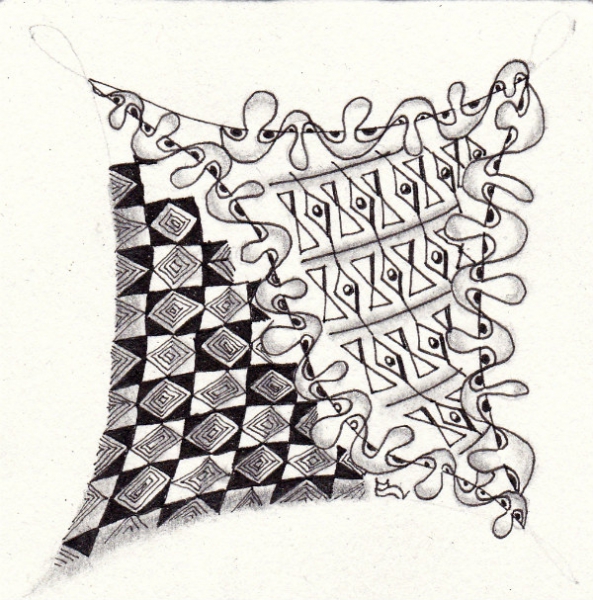 Ein Zentangle aus den Mustern Envy, Atura, Kilroy,  gezeichnet von Ela Rieger, CZT