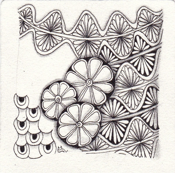 Ein Zentangle aus den Mustern Bow*Petal, Batumber, Owlz,  gezeichnet von Ela Rieger, CZT