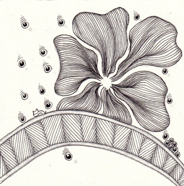 Ein Zentangle aus den Mustern Nymbis, Tadpegs, Hibred,  gezeichnet von Ela Rieger, CZT
