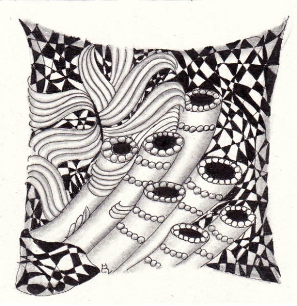 Ein Zentangle aus den Mustern Roehrl, Cracked, Meringue,  gezeichnet von Ela Rieger, CZT