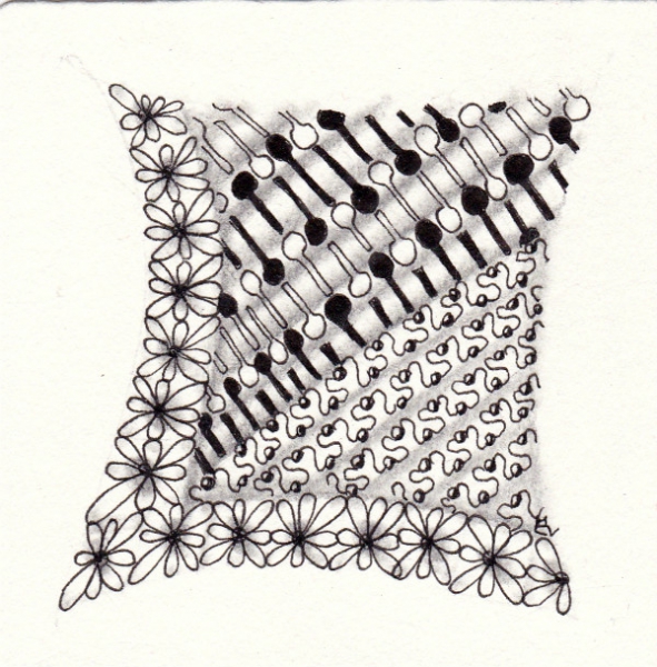 Ein Zentangle aus den Mustern Tiniest, Phirst, Spoonz,  gezeichnet von Ela Rieger, CZT