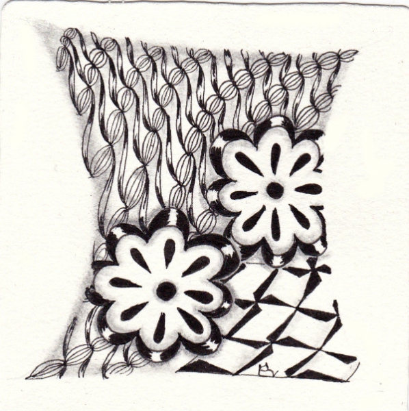Ein Zentangle aus den Mustern Flaura, Znzu, Zazzy,  gezeichnet von Ela Rieger, CZT