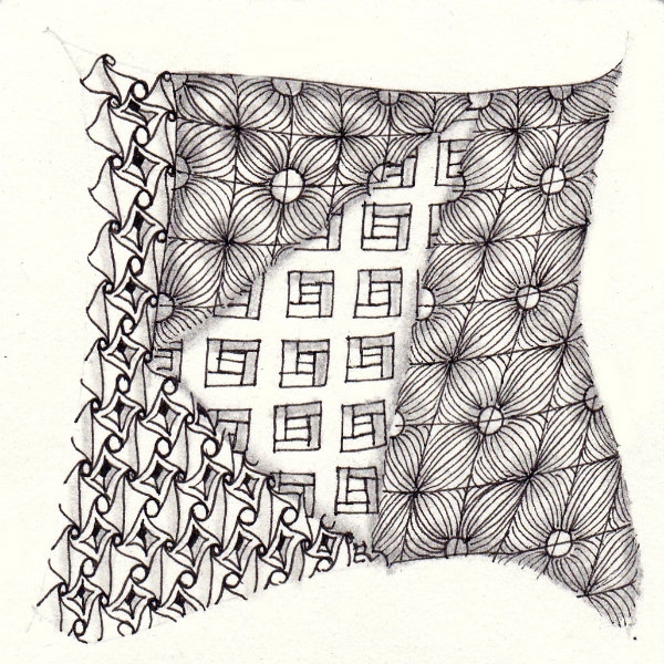 Ein Zentangle aus den Mustern Decobricks, Dugwud, Dentri,  gezeichnet von Ela Rieger, CZT