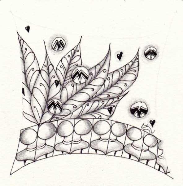 Ein Zentangle aus den Mustern Bagmas, Em, Tleaf,  gezeichnet von Ela Rieger, CZT