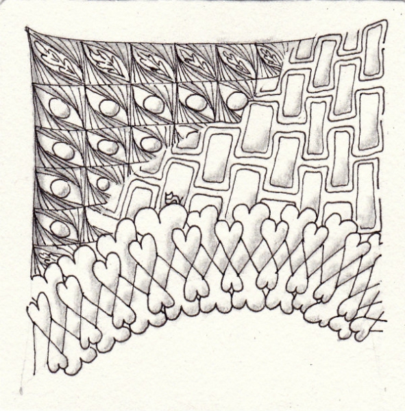 Ein Zentangle aus den Mustern Abbey, Slipoff, Luffline,  gezeichnet von Ela Rieger, CZT