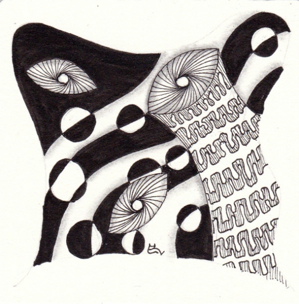 Ein Zentangle aus den Mustern Treadz, Sparkle, Strircles,  gezeichnet von Ela Rieger, CZT