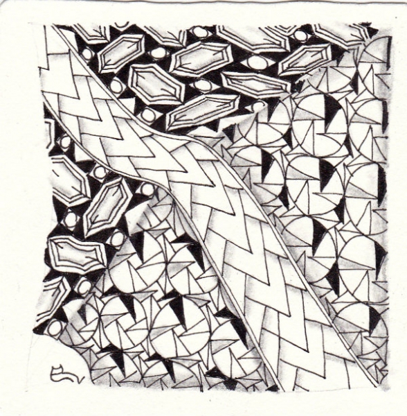 Ein Zentangle aus den Mustern Namody, Bilt, Mills n  Boats,  gezeichnet von Ela Rieger, CZT