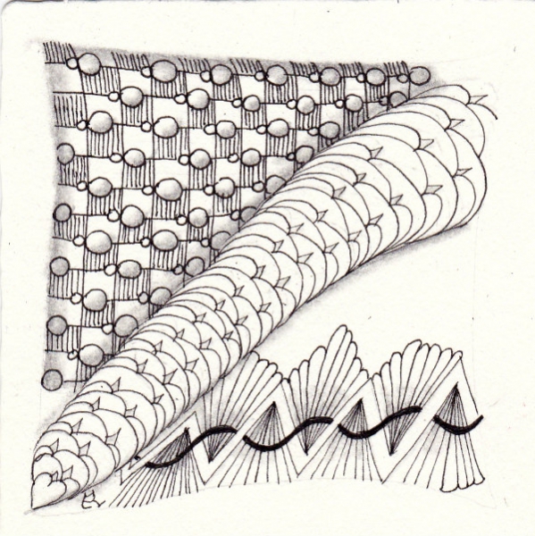 Ein Zentangle aus den Mustern Oddbalz, Fandango, Minline,  gezeichnet von Ela Rieger, CZT
