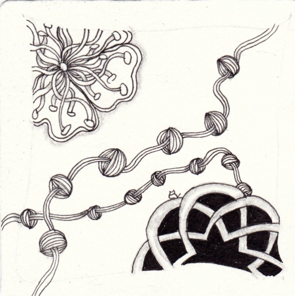Ein Zentangle aus den Mustern Querl and Quarion, Budzic, Mushnik,  gezeichnet von Ela Rieger, CZT