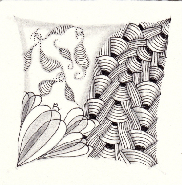 Ein Zentangle aus den Mustern Spinner, Plaited, Fairy Wings,  gezeichnet von Ela Rieger, CZT