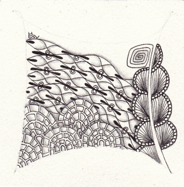 Ein Zentangle aus den Mustern Candy Waves, Tree-Three, Cobbles,  gezeichnet von Ela Rieger, CZT