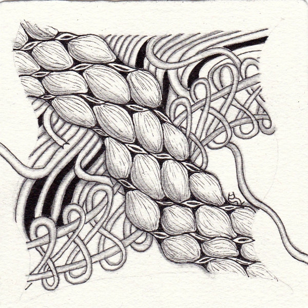 Ein Zentangle aus den Mustern PeelD, African Artist, Plezo,  gezeichnet von Ela Rieger, CZT