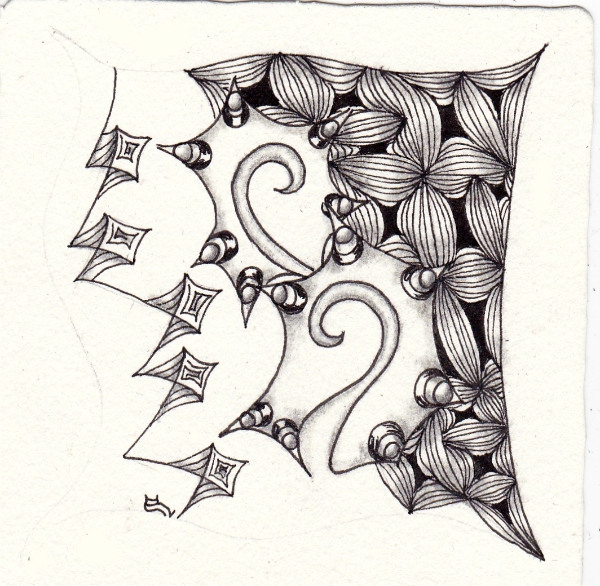 Ein Zentangle aus den Mustern Tamistar, Socc, Beamz,  gezeichnet von Ela Rieger, CZT