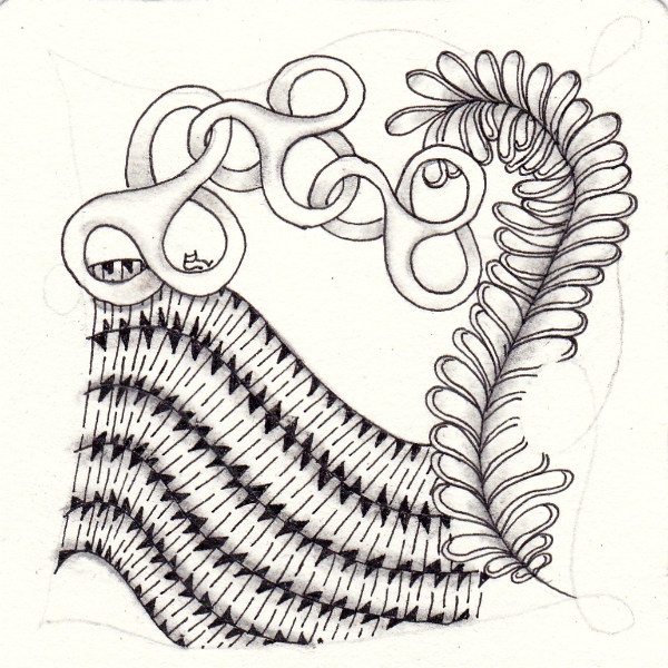Ein Zentangle aus den Mustern Tchief, Plumes, Shnek-Knot,  gezeichnet von Ela Rieger, CZT