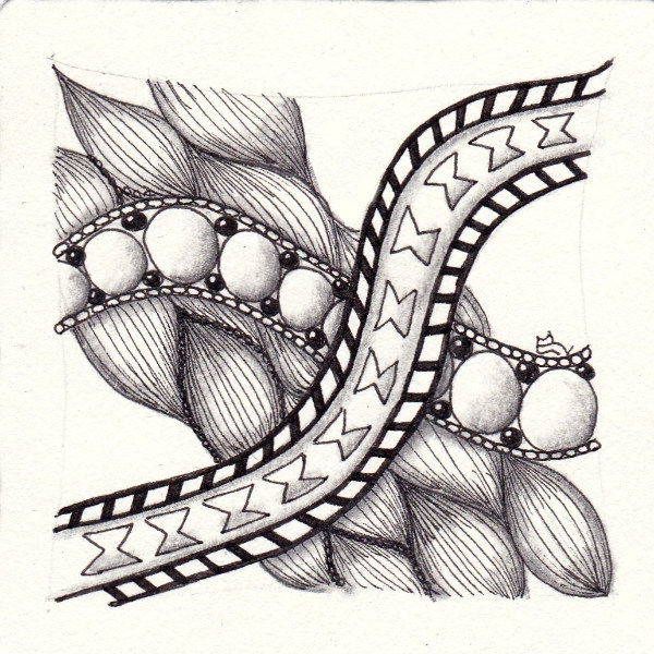 Ein Zentangle aus den Mustern Navajo Border, Onamato, Olb,  gezeichnet von Ela Rieger, CZT