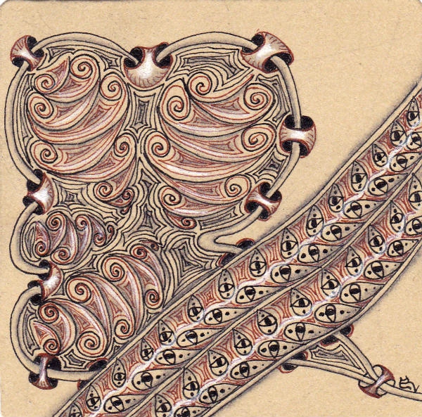 Ein Zentangle aus den Mustern Lochal, Laced, Pauschalov,  gezeichnet von Ela Rieger, CZT