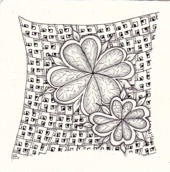 Ein Zentangle aus den Mustern Spats Flower, Bevia, PigPen,  gezeichnet von Ela Rieger, CZT