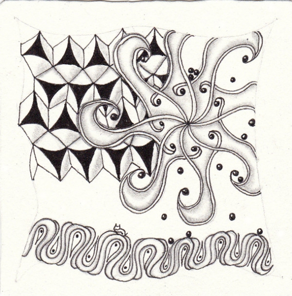 Ein Zentangle aus den Mustern Erntedank, Prestwood, Fengle,  gezeichnet von Ela Rieger, CZT