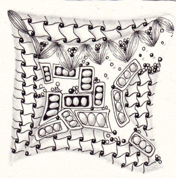 Ein Zentangle aus den Mustern Stopgo, Podzles, Cadent,  gezeichnet von Ela Rieger, CZT