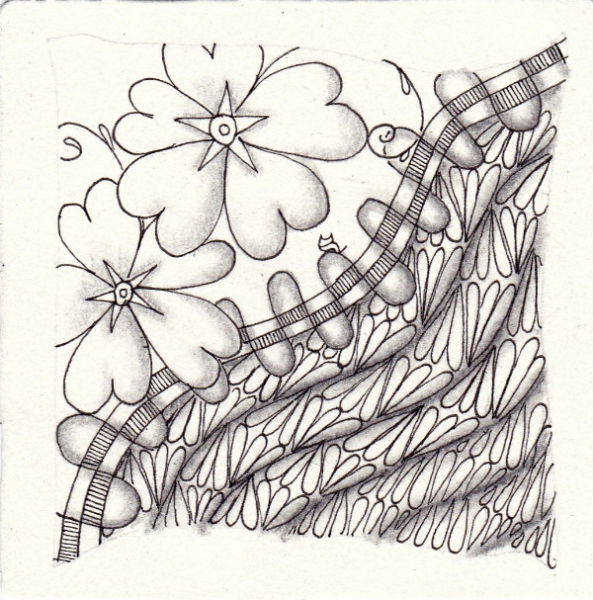 Ein Zentangle aus den Mustern Forget me knot, Flip Flop, Ditto,  gezeichnet von Ela Rieger, CZT
