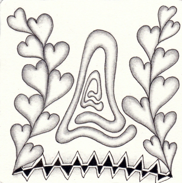 Ein Zentangle aus den Mustern Eigrene, Heartline, Rain,  gezeichnet von Ela Rieger, CZT
