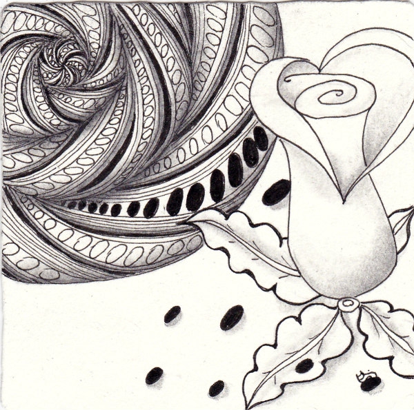 Ein Zentangle aus den Mustern Ellish, Niuroda , Oke,  gezeichnet von Ela Rieger, CZT