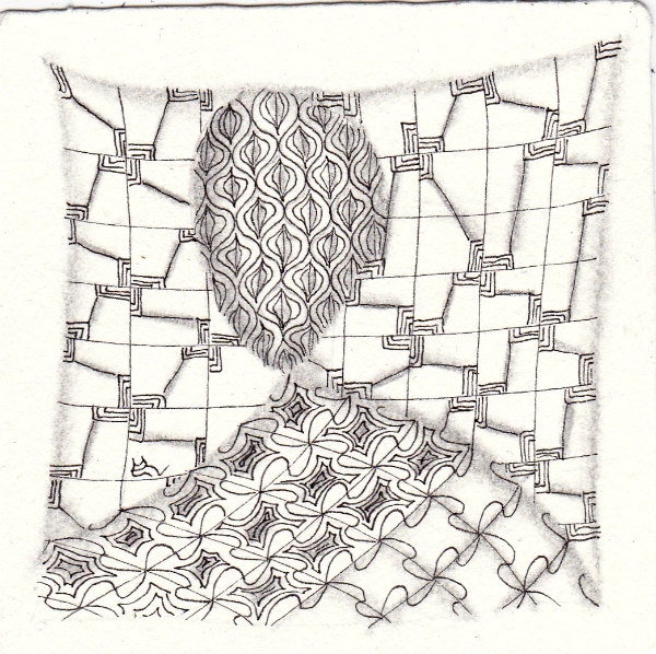 Ein Zentangle aus den Mustern Gottago, Lantern-Pho, Ninja Stars,  gezeichnet von Ela Rieger, CZT