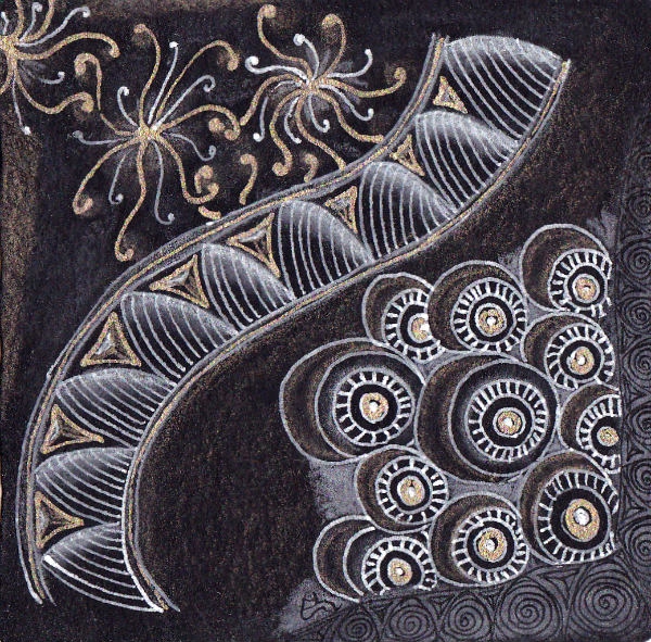 Ein Zentangle aus den Mustern Soluna, Pufff, Tropicana,  gezeichnet von Ela Rieger, CZT