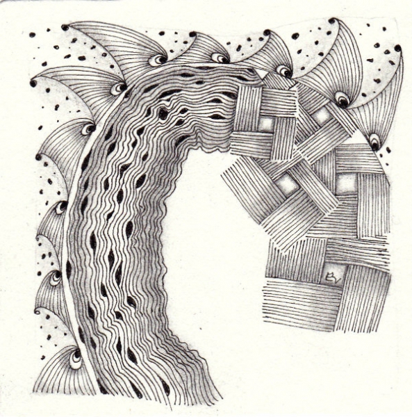 Ein Zentangle aus den Mustern Squavolution, Diva Dance, JessiCup,  gezeichnet von Ela Rieger, CZT