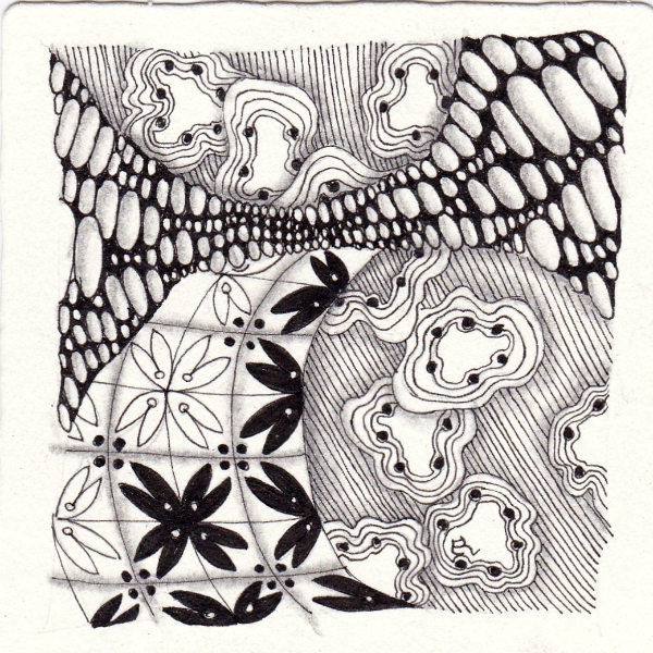 Ein Zentangle aus den Mustern Sternblumen, Orbs-La-Dee, Axlexa,  gezeichnet von Ela Rieger, CZT