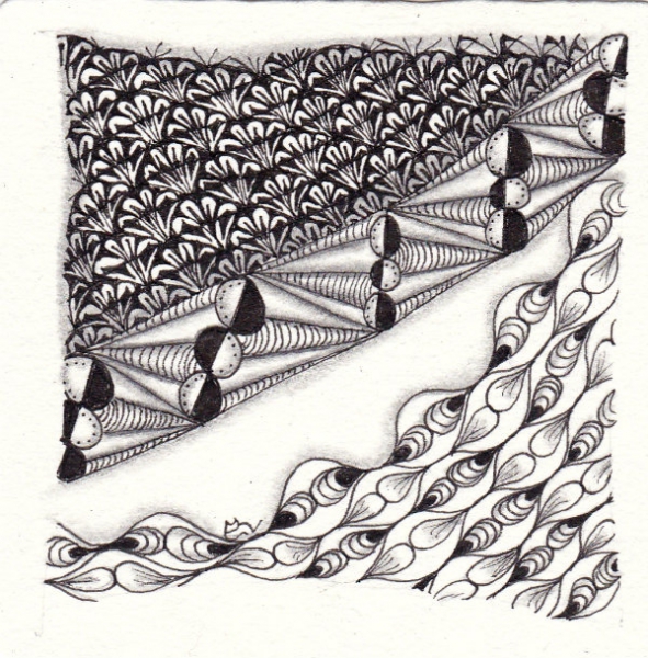 Ein Zentangle aus den Mustern Tri-Ball, Discolea, Dervish,  gezeichnet von Ela Rieger, CZT