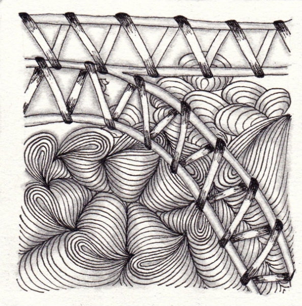 Ein Zentangle aus den Mustern Velonia, Roxi, Pufcookie,  gezeichnet von Ela Rieger, CZT