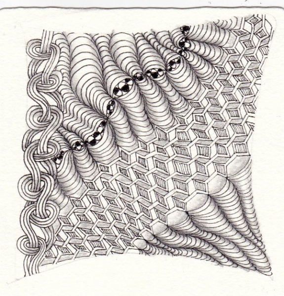 Ein Zentangle aus den Mustern Ya-Ya, Kunstler, Rattangle,  gezeichnet von Ela Rieger, CZT