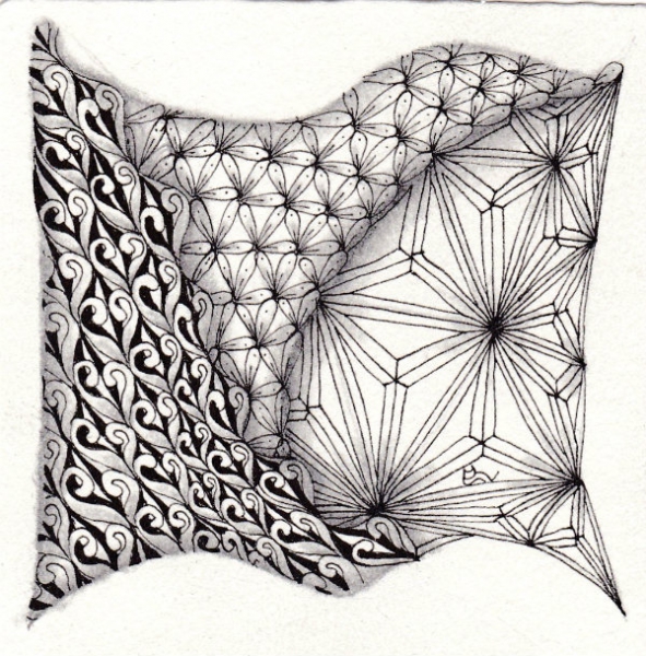 Ein Zentangle aus den Mustern Fluxogee, Phroz, Awaysis,  gezeichnet von Ela Rieger, CZT