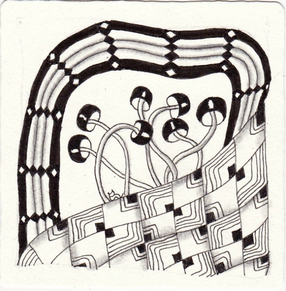 Ein Zentangle aus den Mustern Köpi, Wocar, Palrevo,  gezeichnet von Ela Rieger, CZT