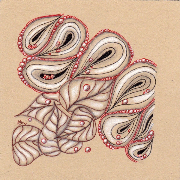 Ein Zentangle aus den Mustern Pearly, Alabastro, Onion Drops,  gezeichnet von Ela Rieger, CZT