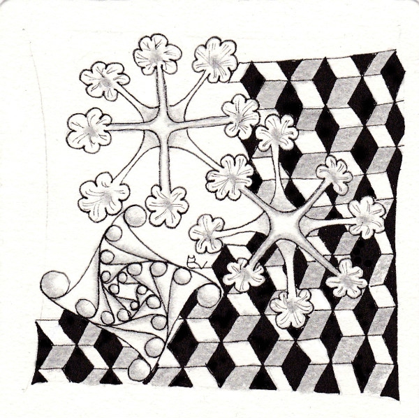 Ein Zentangle aus den Mustern Nagapushpam, Cadox, BeeLine,  gezeichnet von Ela Rieger, CZT