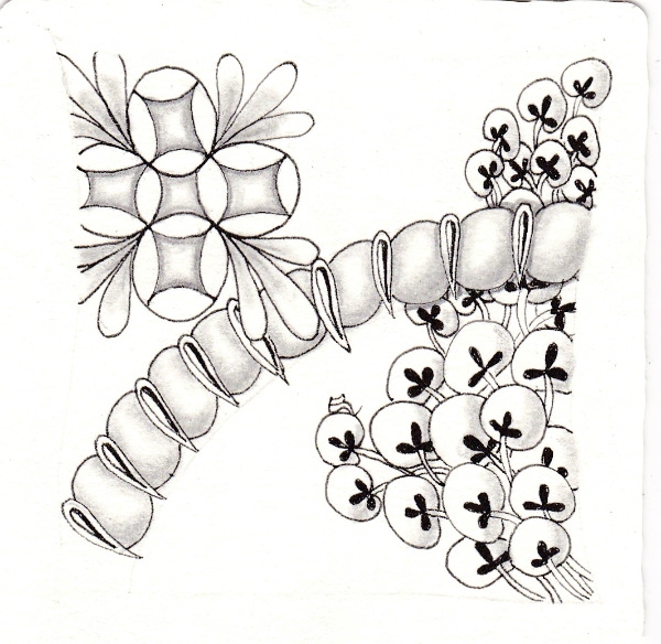 Ein Zentangle aus den Mustern Layse, Pokeroot, Drakon,  gezeichnet von Ela Rieger, CZT