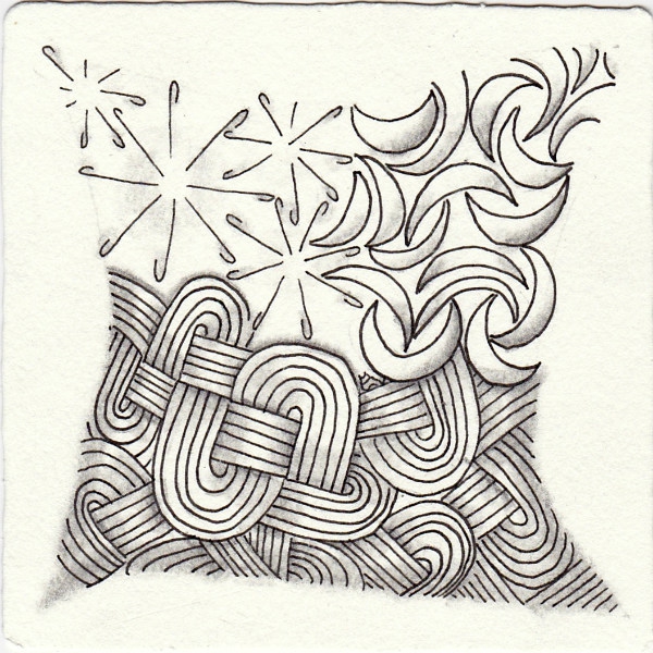 Ein Zentangle aus den Mustern Jaysix, Joy, Rocco,  gezeichnet von Ela Rieger, CZT