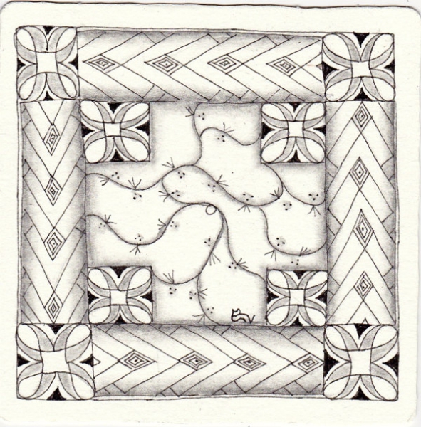 Ein Zentangle aus den Mustern Icthus, 133, Pickets,  gezeichnet von Ela Rieger, CZT