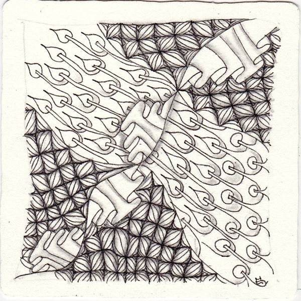 Ein Zentangle aus den Mustern Pokerooty, Puf, Ruflz,  gezeichnet von Ela Rieger, CZT