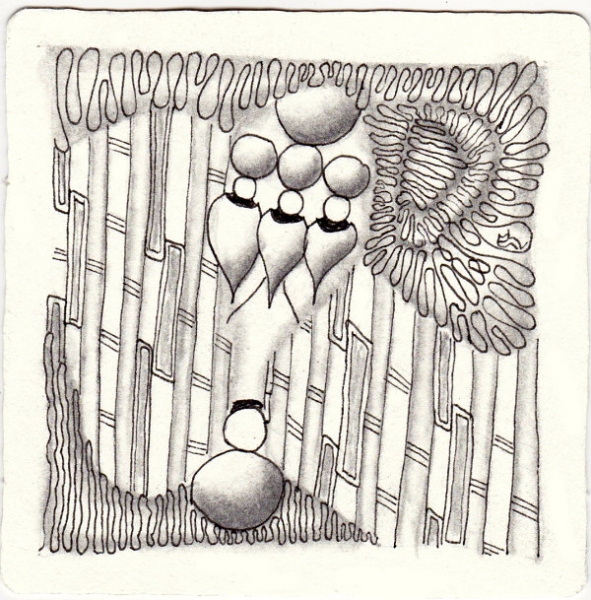 Ein Zentangle aus den Mustern Pots, Quabog, Balance,  gezeichnet von Ela Rieger, CZT